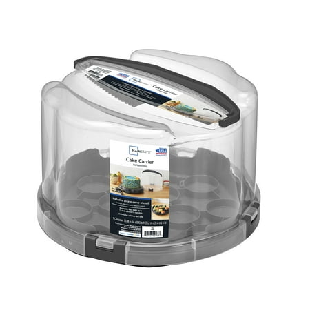 Mainstays Round Plastic Cake and Cupcake Carrier, Clear with Gray Handle, Clasps and Base (1 Each) Includes Slice-and-Server Utensil, 13.2" x 8.5"
