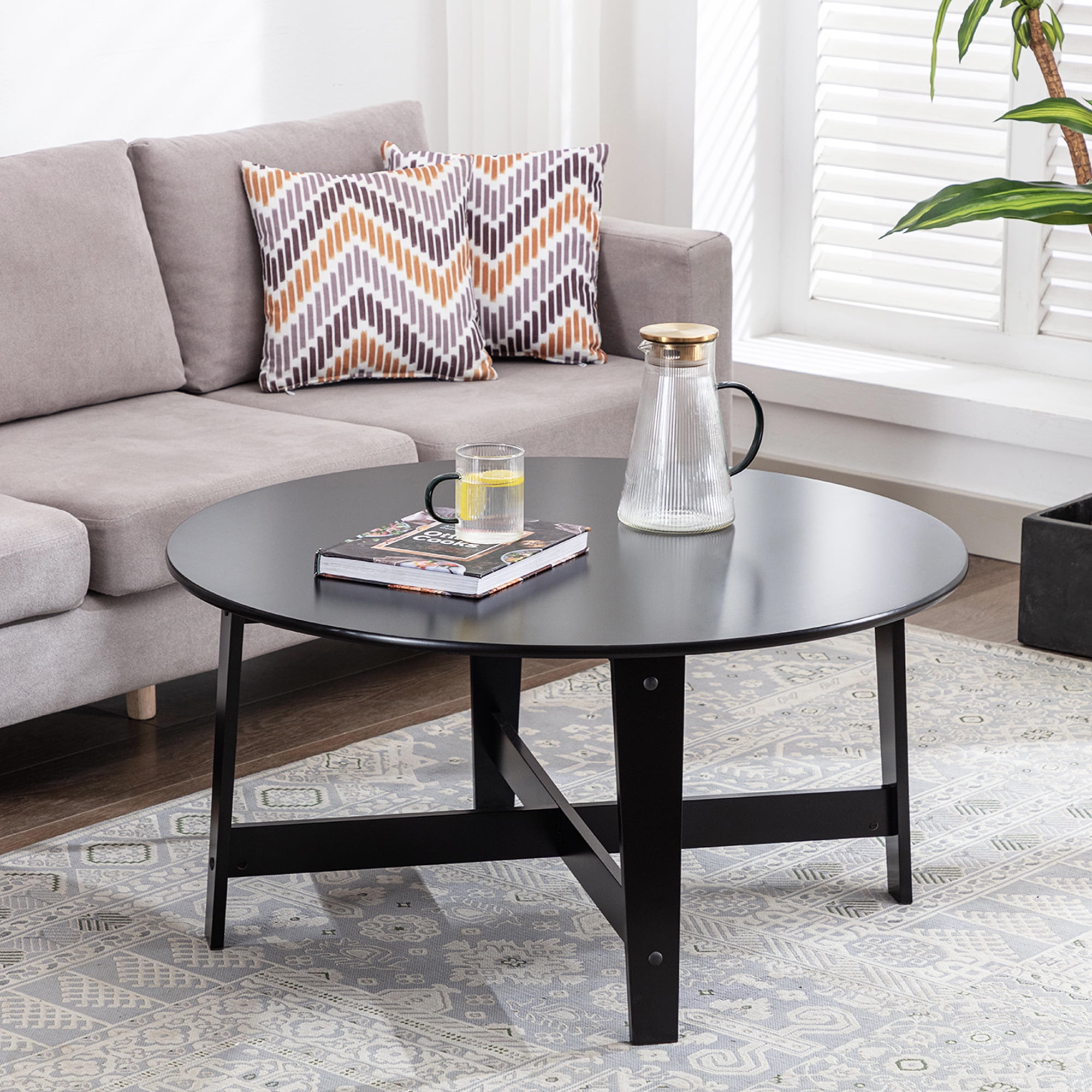 Black Round Wood Coffee Table with Sleek Design, 36"