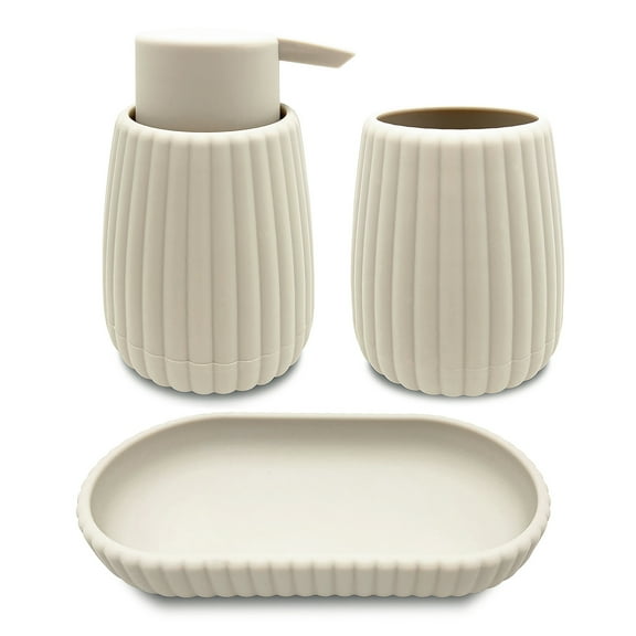 Mainstays Rubberized Plastic Ribbed 4-Piece Bath Accessories Set, Beige