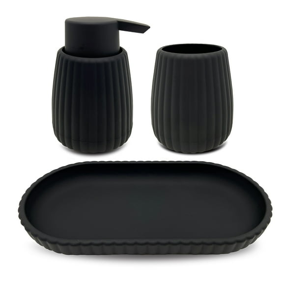 Mainstays Rubberized Plastic Ribbed 4-Piece Bath Accessories Set, Black