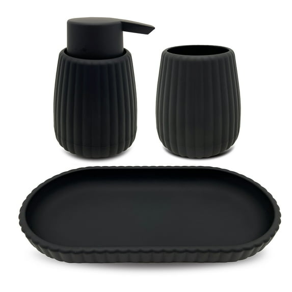 Mainstays Rubberized Plastic Ribbed 4-Piece Bath Accessories Set, Black