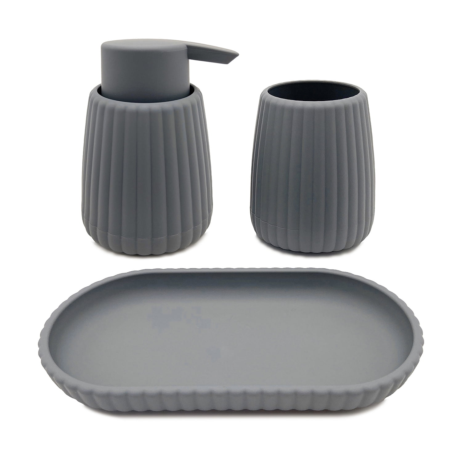 Mainstays Rubberized Plastic Ribbed 4-Piece Bath Accessories Set, Gray