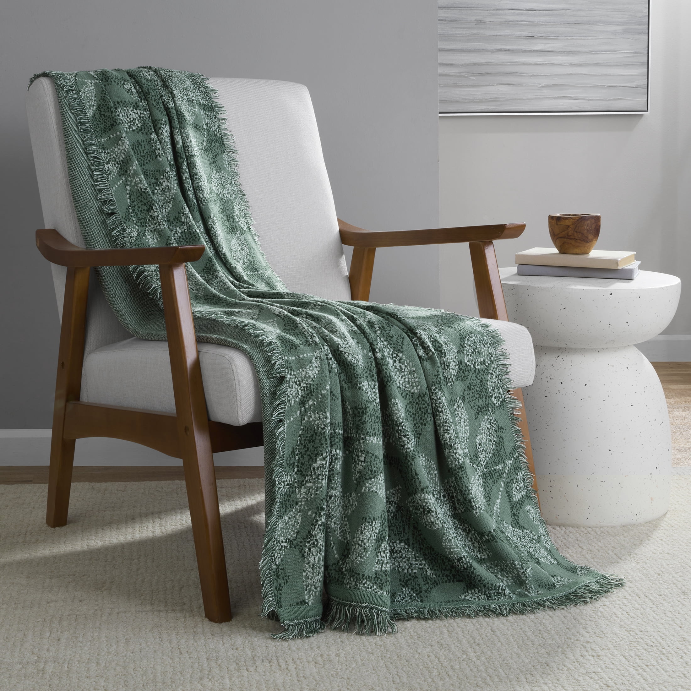 Mainstays Rustic Designs Green Brier Dot Botanical Cotton Blend Jacquard Knit Tapestry Throw, 50" x 60"