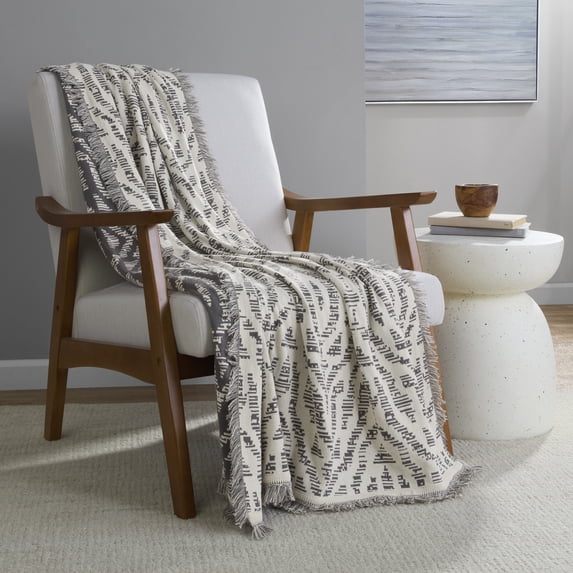 Mainstays Rustic Designs Soothing Grey Savine Ikat Cotton Blend Jacquard Knit Tapestry Throw, 50" x 60"