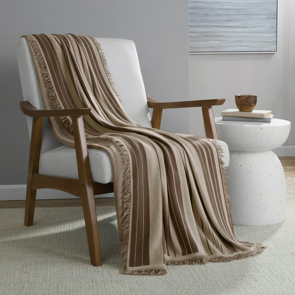 Mainstays Rustic Designs Taupe Splash Fiona Stripe Cotton Blend Jacquard Knit Tapestry Throw, 50" x 60"