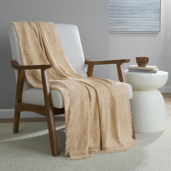 Mainstays Rustic Designs Vanilla Dream Dot Botanical Cotton Blend Jacquard Knit Tapestry Throw, 50" x 60"