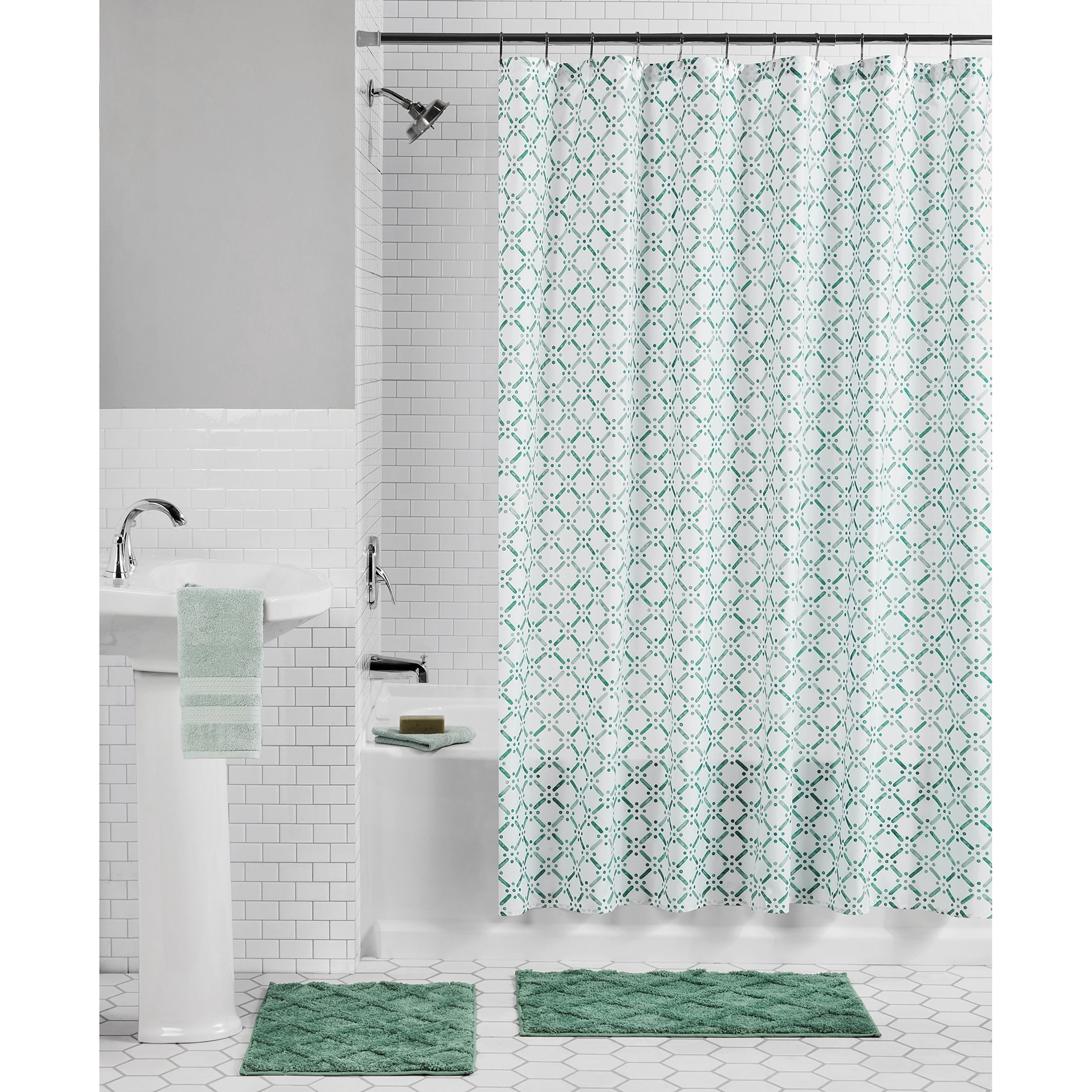 Mainstays 15-Piece Green & White Diamond Bathroom Set – Shower Curtain, Bath Rugs & Hooks, Stylish Polyester Design