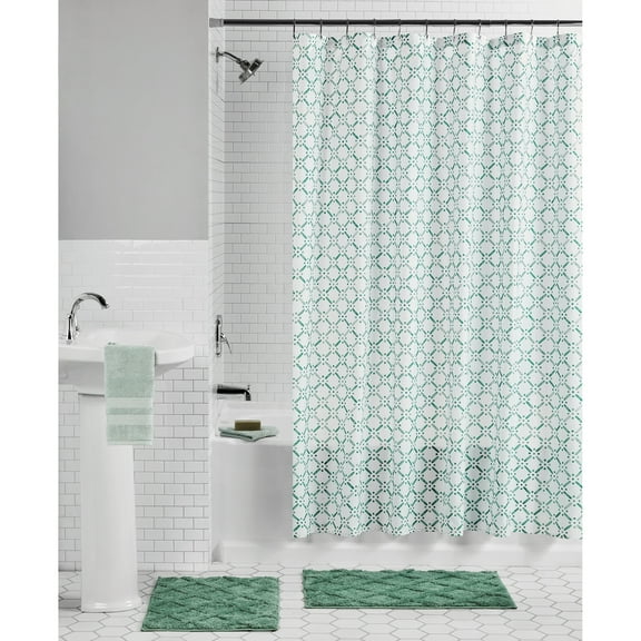 Mainstays 15-Piece Green & White Diamond Bathroom Set – Shower Curtain, Bath Rugs & Hooks, Stylish Polyester Design