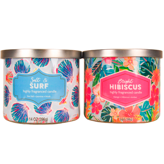 Mainstays Salt & Surf and Bright Hibiscus Scented 3-Wick Candle, 14 oz., 2-Pack