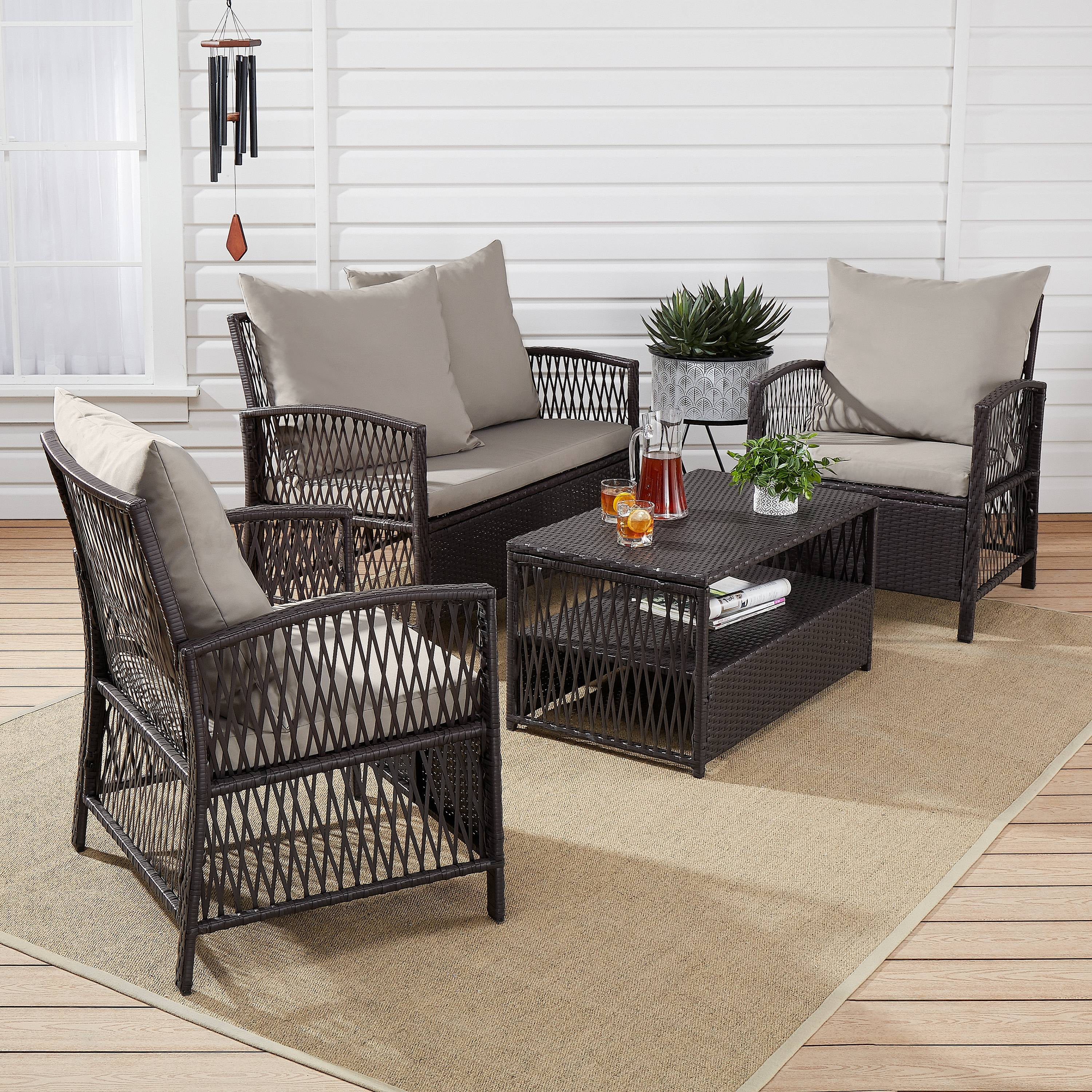 Mainstays Sanza 4 Piece Outdoor Rattan Wicker Conversation Set Mocha Beige