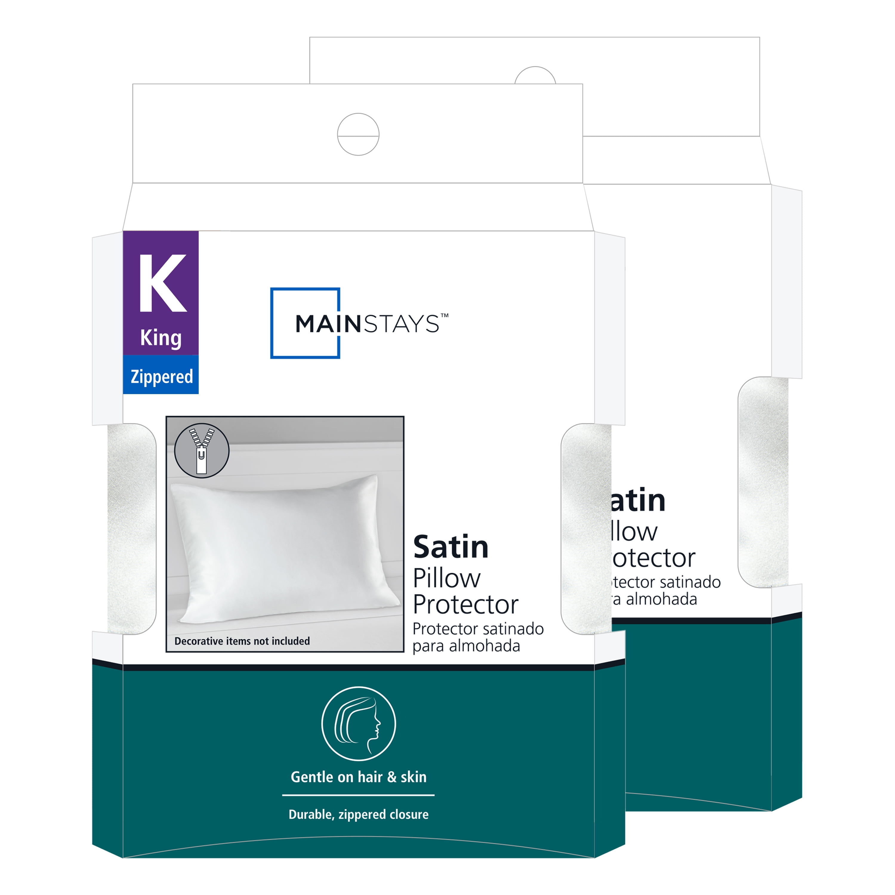 Mainstays Satin Pillow Cover Protector, King, White- Zippered 2 Pack