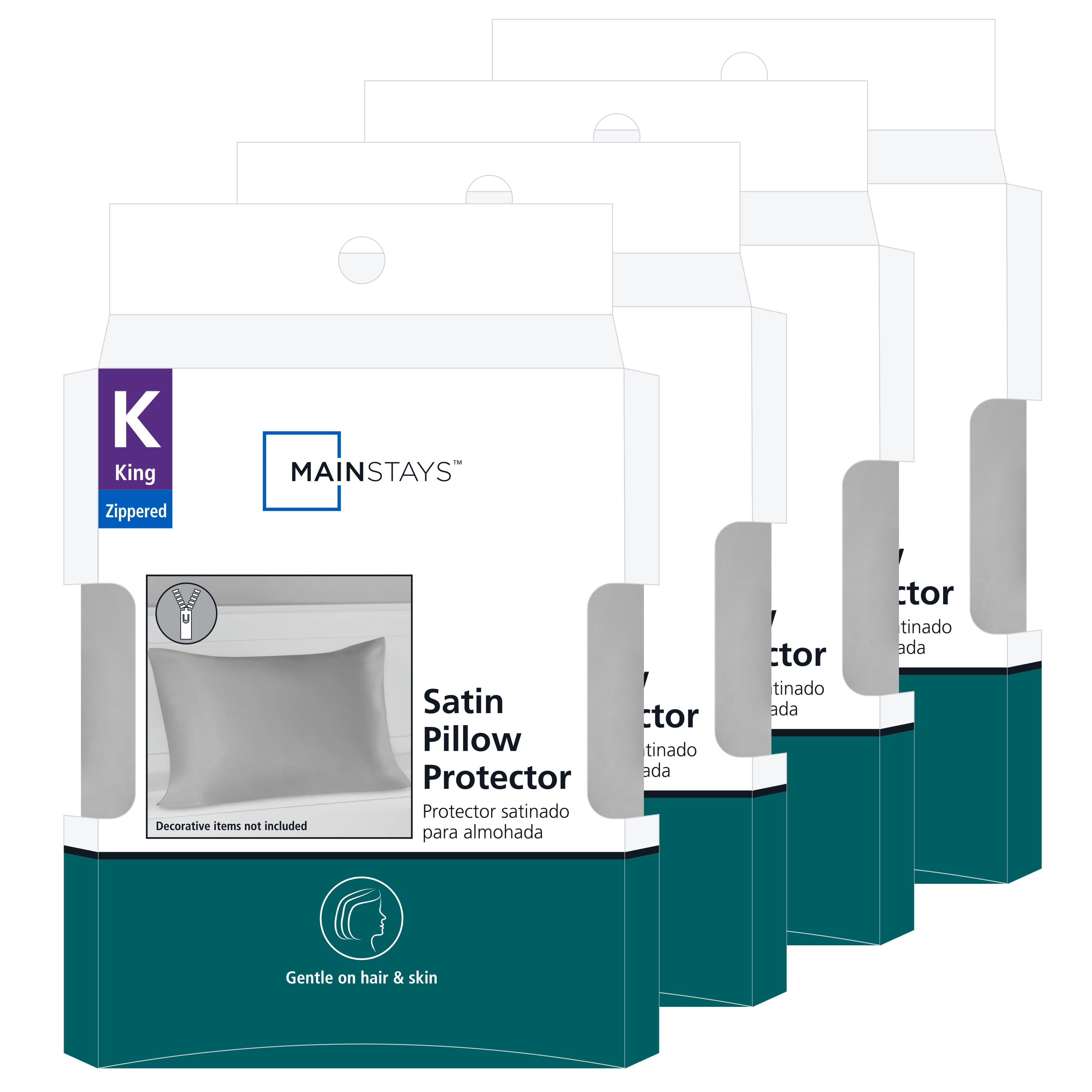 Mainstays Satin Zippered Pillow Protector, King, 4Pack