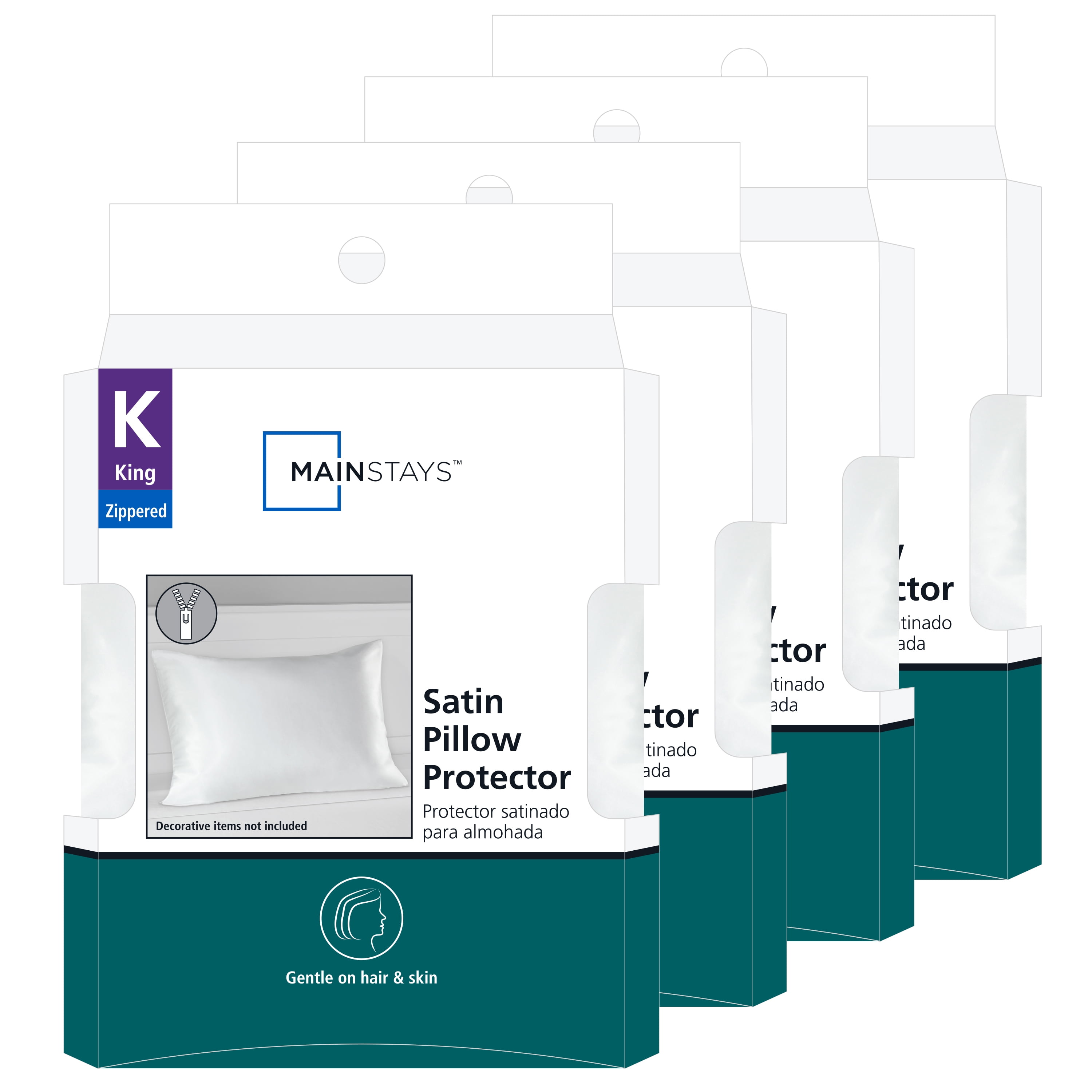 Mainstays Satin Pillow Cover Protector, King - Zippered, Soft, Gentle on Hair (4 Count)