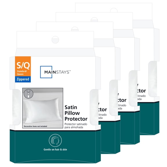 Mainstays Satin Pillow Cover Protector, Standard/Queen - Zippered, Soft, Gentle on Hair (4 Count)