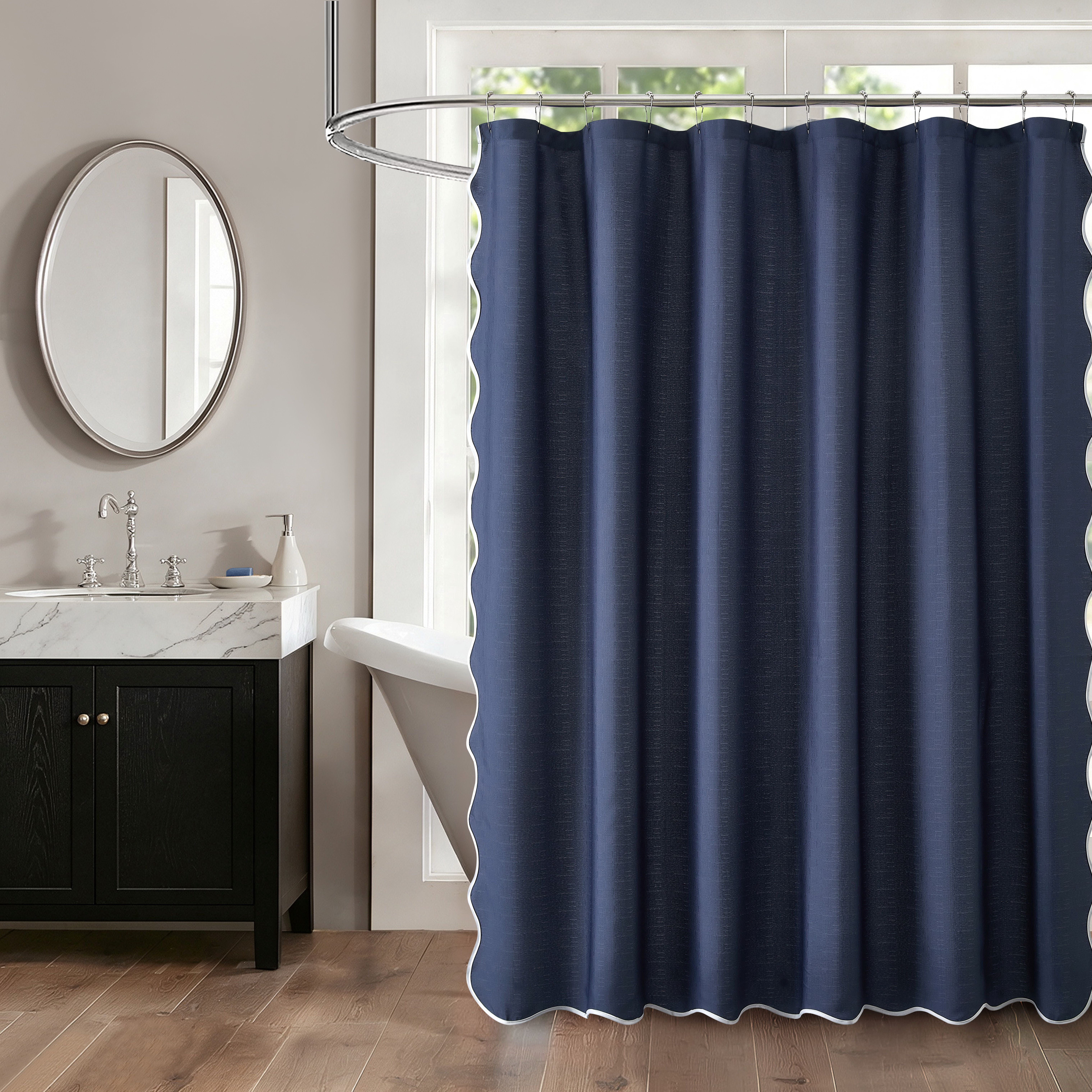Mainstays Scalloped 14-Piece Blue Fabric Shower Curtain Set with Rollerball Hooks, 72 in x 72 in