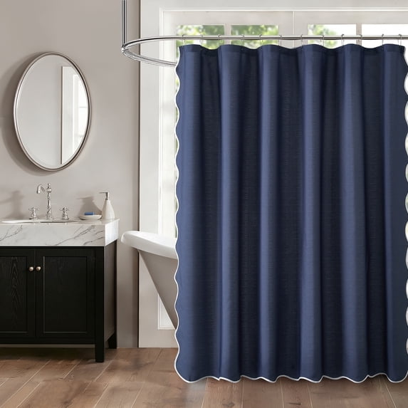 Mainstays Scalloped 14-Piece Blue Fabric Shower Curtain Set with Rollerball Hooks, 72 in x 72 in