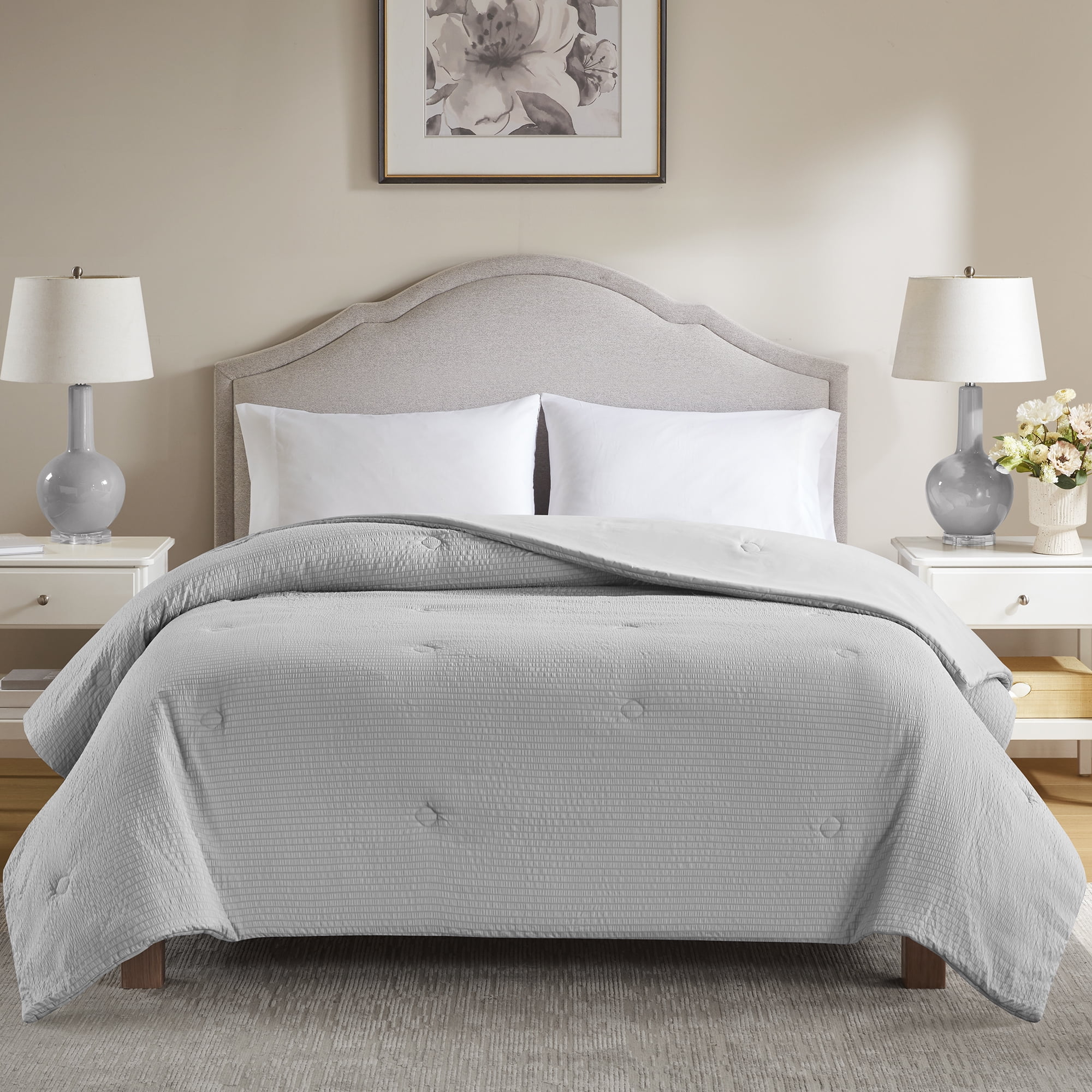 Mainstays Full/Queen Comforter, Reversible Down Alternative, All-Season, Grey Seersucker