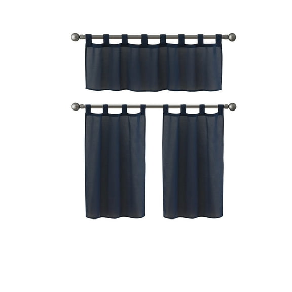 Mainstays Semi-Sheer Kitchen Tier Set, 3-Piece, Blue, 56" W x 36" L