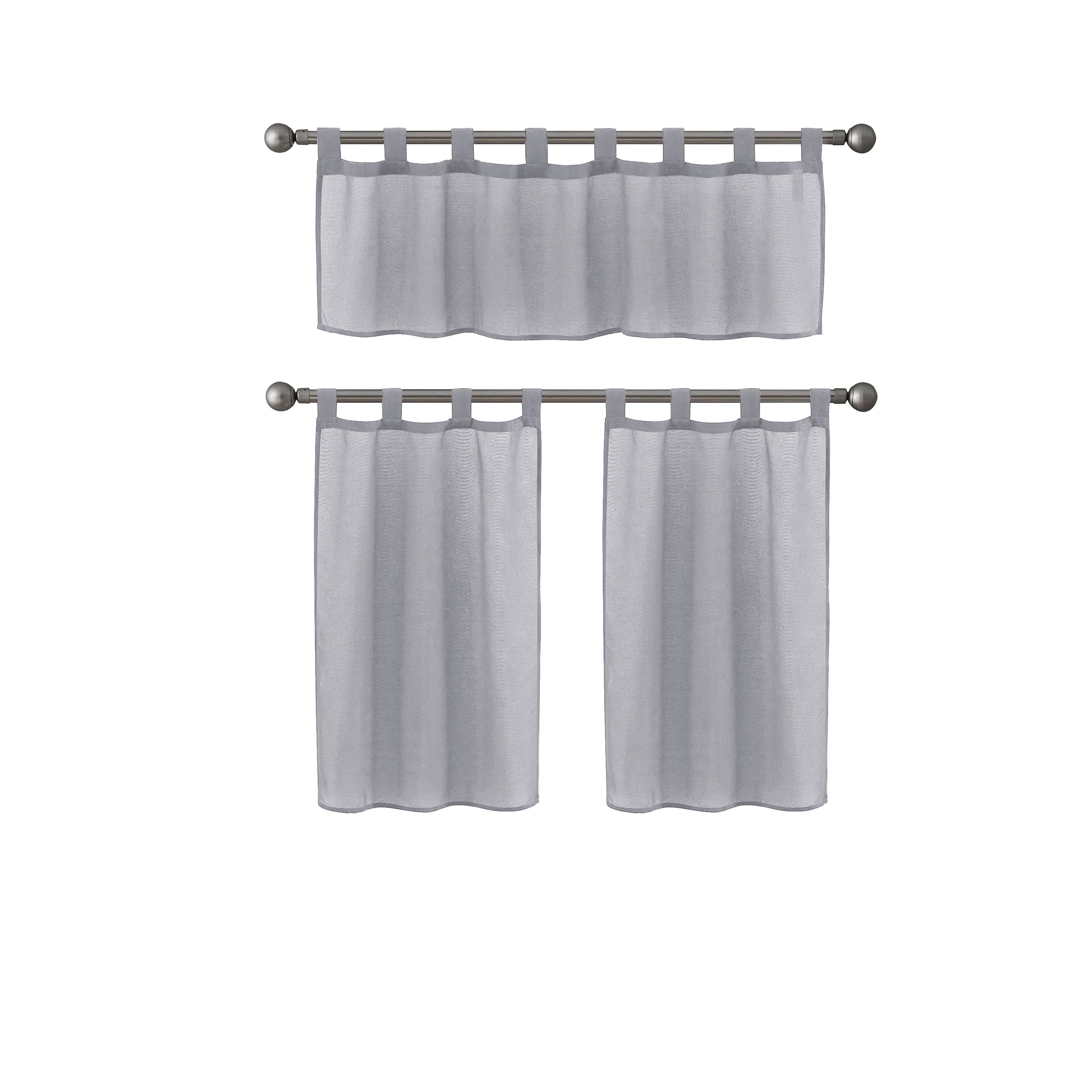 Mainstays Semi-Sheer Kitchen Tier Set, 3-Piece, Grey, 56" W x 36" L