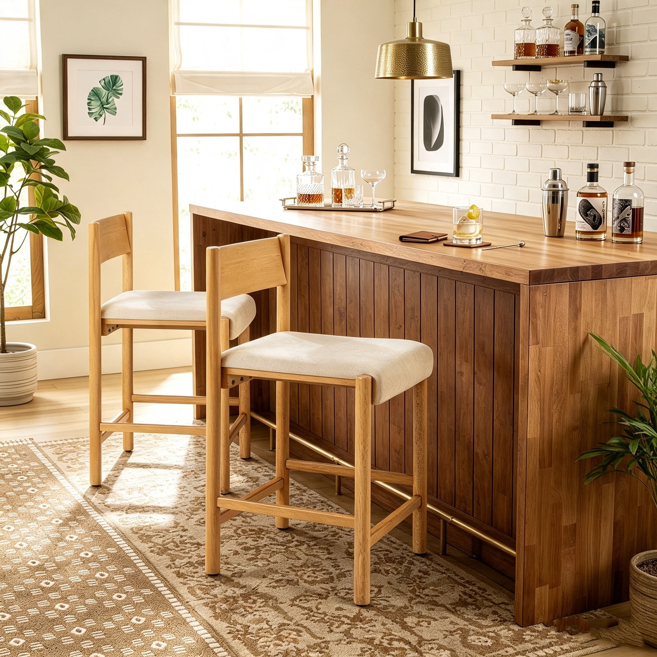 Mainstays Set of 2 Dowel Upholstered Counter Stools, Natural Teak and ...