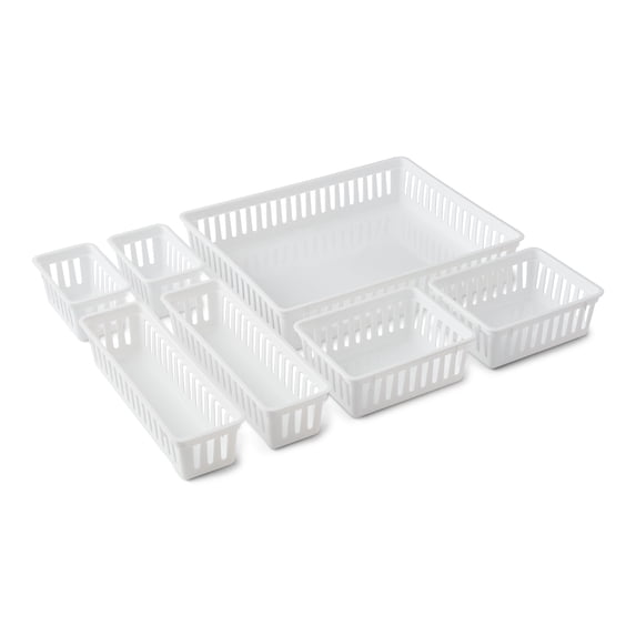 Mainstays 7-Piece Plastic Drawer Organizer Bin Set, White, for Kitchen, Desk, Bathroom and Vanity Drawers