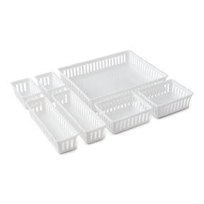 Mainstays 7-Piece Plastic Drawer Organizer Bin Set, White, for Kitchen, Desk, Bathroom and Vanity Drawers