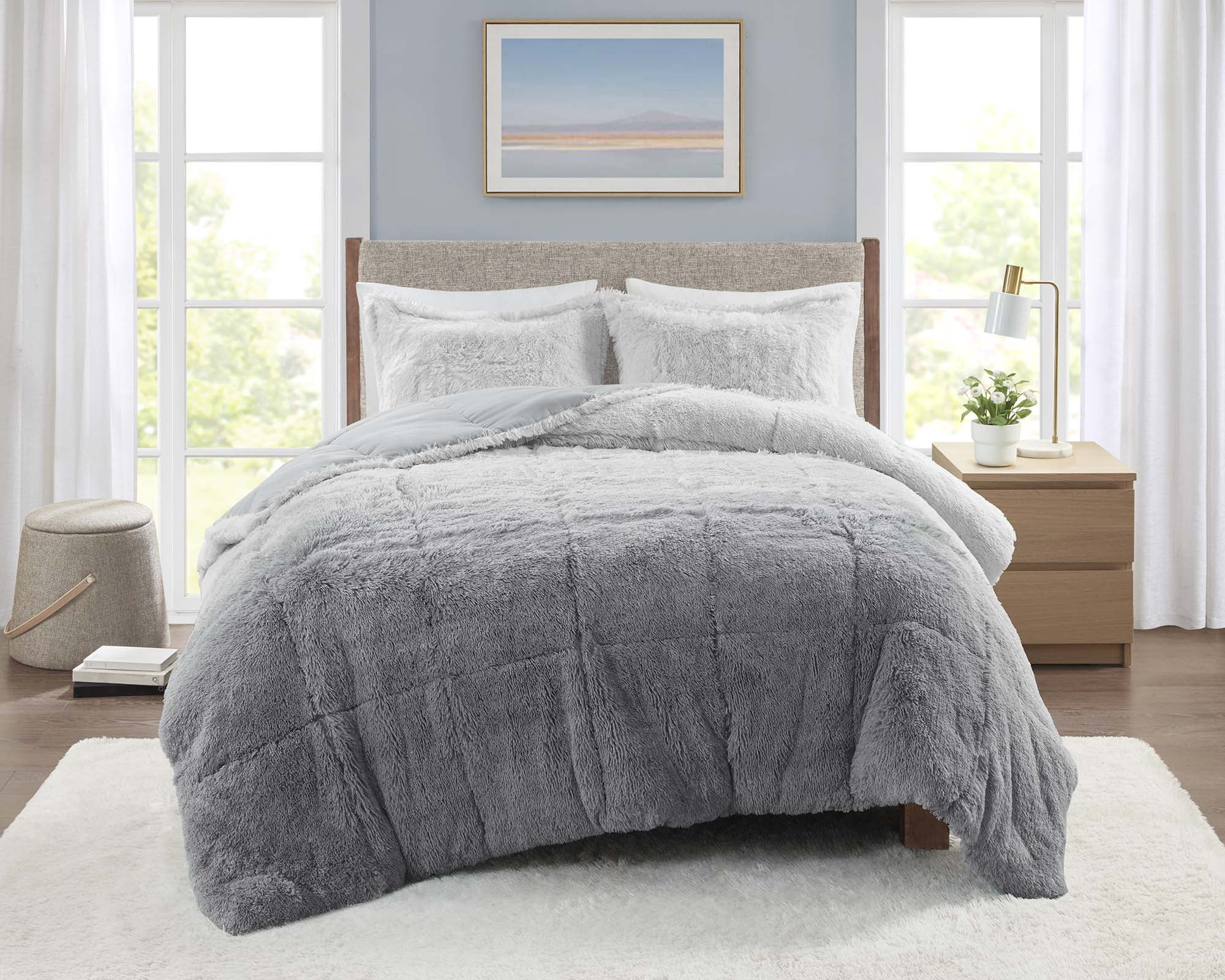 Mainstays Shaggy Faux Fur 3 Piece Grey Comforter Bed Set, Comforter and ...