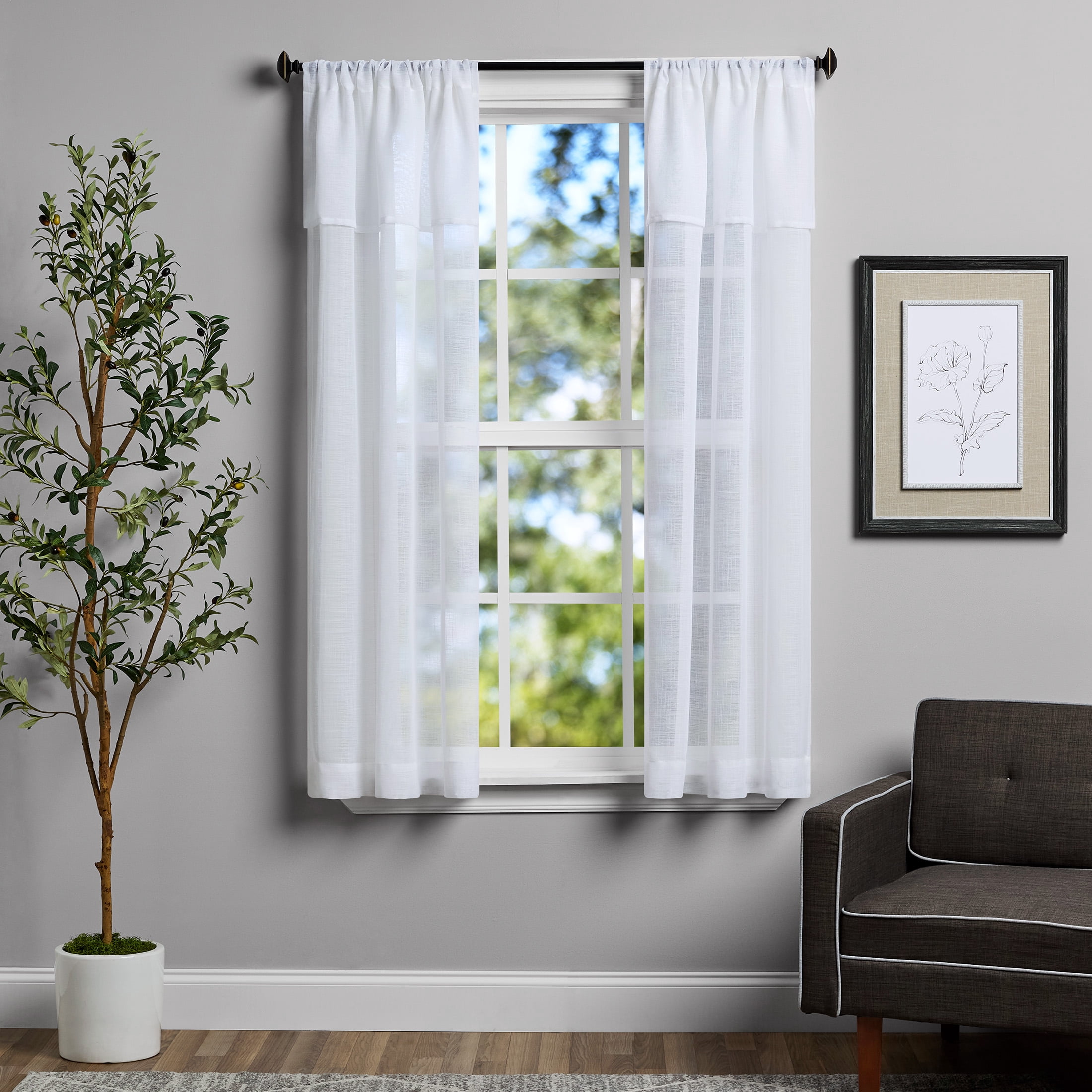 Mainstays Sheer Curtain Panel Pair with Attached Valance, Set of 2, White, 37"W x 63"L