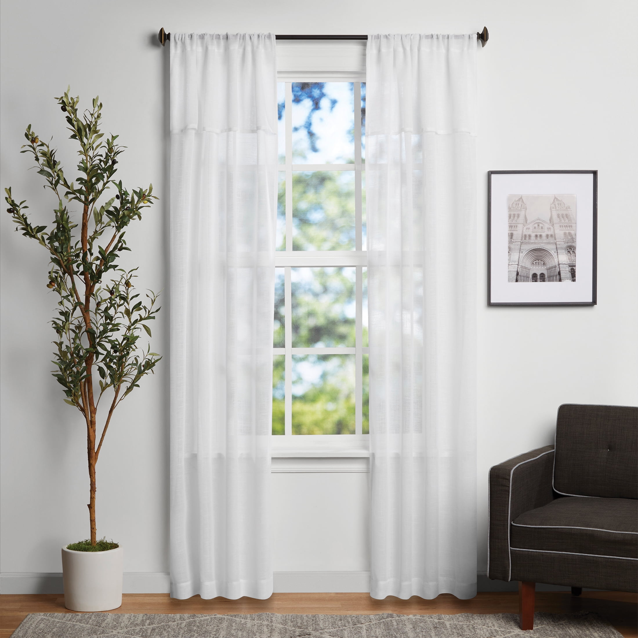 Mainstays Sheer Curtain Panel Pair with Attached Valance, Set of 2, White, 37"W x 84"L