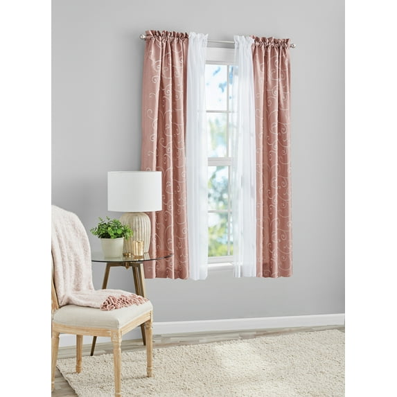 Mainstays Sheer Curtain Set, 4 Piece, 27.5" x 63", Pink