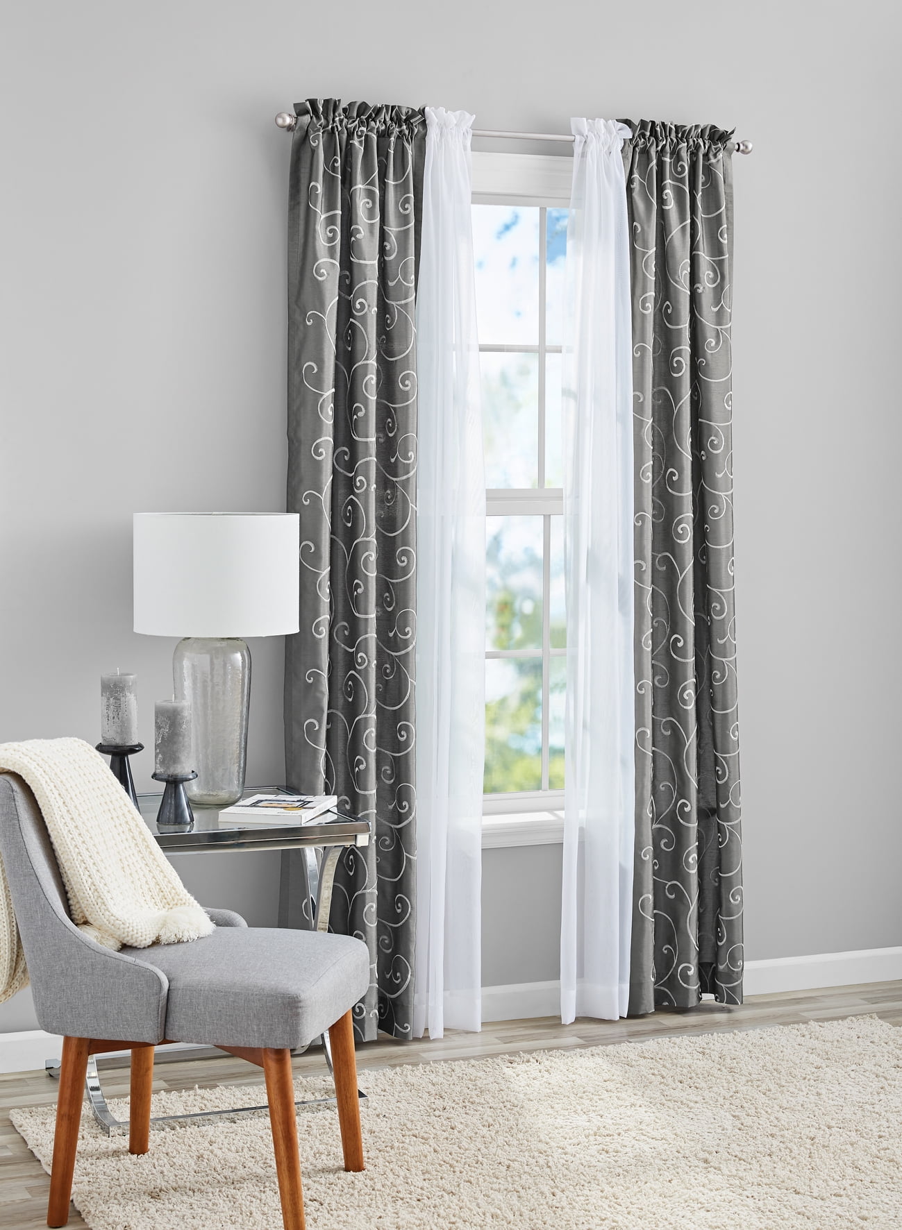 Mainstays Sheer Curtain Set, 4 Piece, 27.5" x 95", Grey - Walmart.com