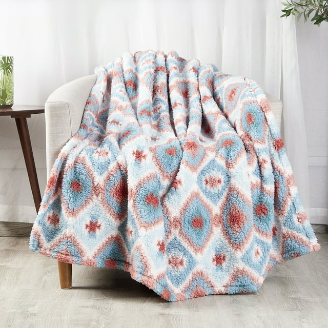 Mainstays Sherpa Throw Blanket, 50" x 60", Blue Aztec