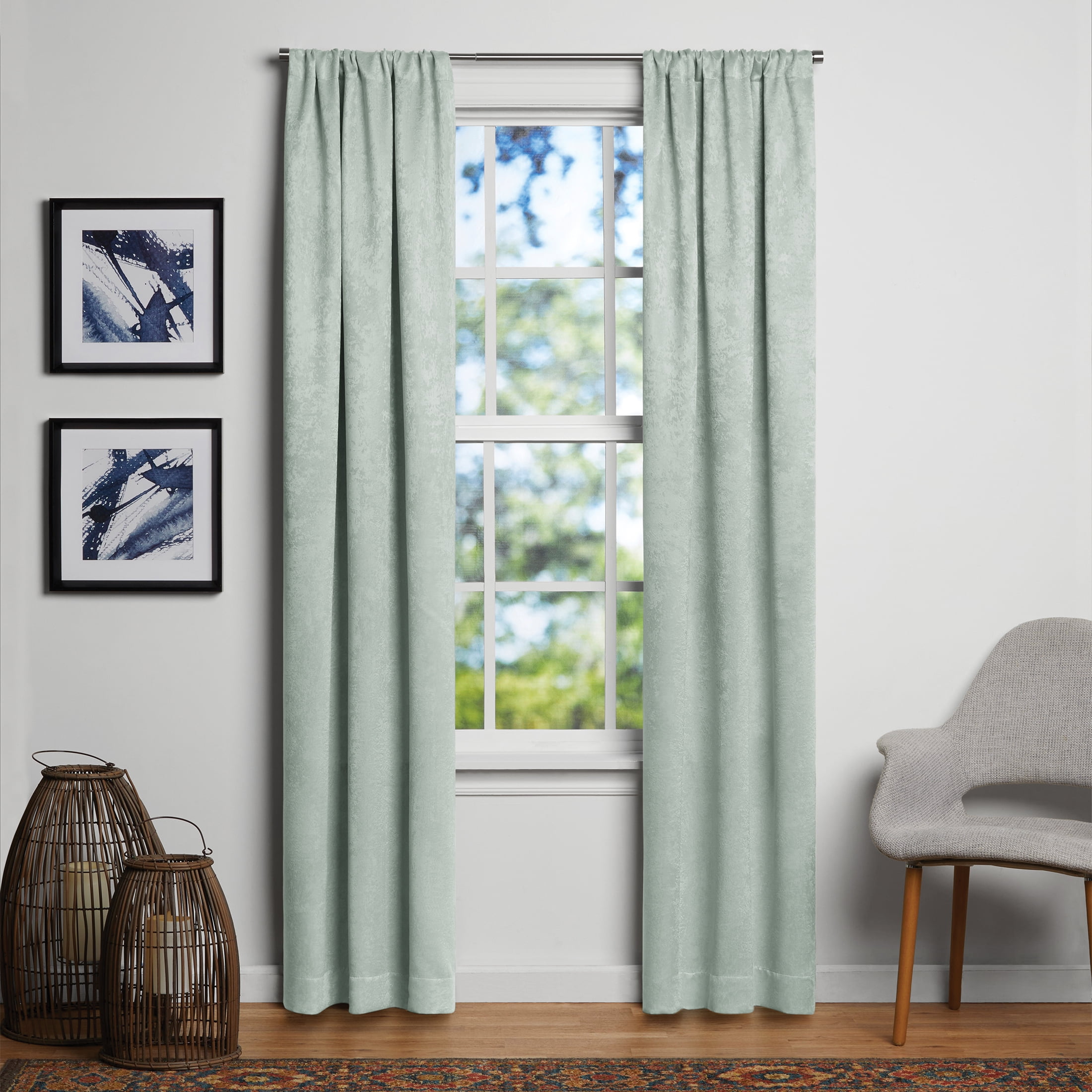 Mainstays Shimmer Rod Pocket Blackout Curtain Panel Pair, Set of 2, Soft Sea, 37"W x 84"L