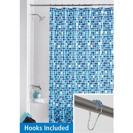 Mainstays Shower Curtain Set: Blue PEVA Curtain with 12 Roller Shower Hooks, Mosaic Medallion Design
