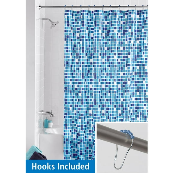 Mainstays Shower Curtain Set: Blue PEVA Curtain with 12 Roller Shower Hooks, Mosaic Medallion Design