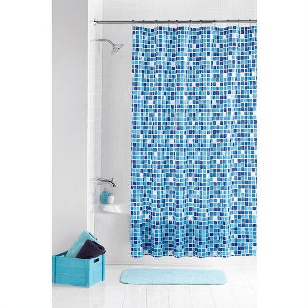 Mainstays Shower Curtain Set: Blue PEVA Curtain with 12 Roller Shower Hooks, Mosaic Medallion Design