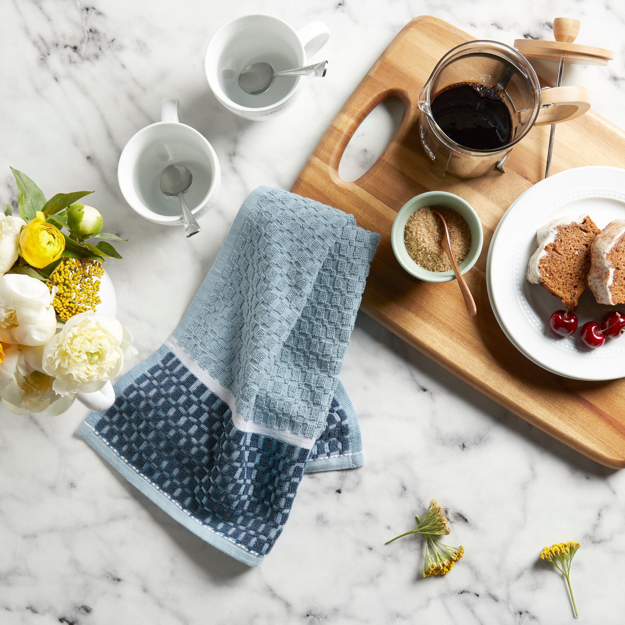 5pk Microfiber Waffle Kitchen Towel And Dish Cloth Set Sea Blue - MU Kitchen