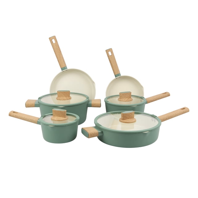 Mainstays Simplicity 10-Piece Aluminum Nonstick Ceramic Cookware Set, Green Sage