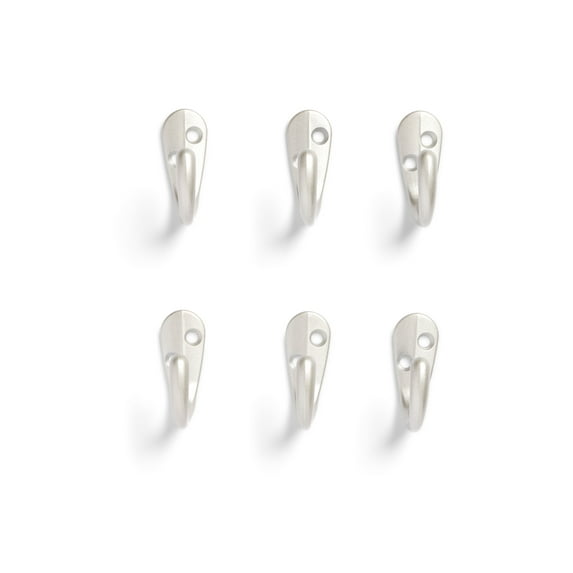 Mainstays, Satin Nickel Metal Hooks, Clutter-Free Hooks for Hanging Towels and Coats, 10 lbs Capacity, 6 Pack