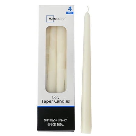 Mainstays Single Wick 10" Taper Candle, Unscented, Ivory, 4 Pack