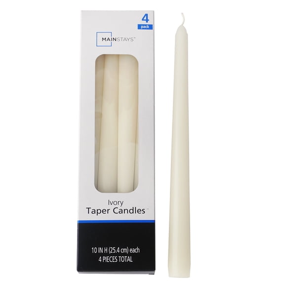 Mainstays 10 in Unscented Ivory Taper Candles, 4 Pack