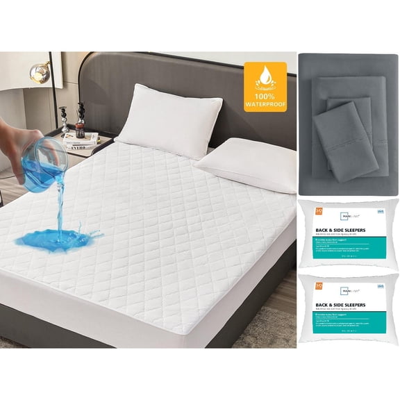 Mainstays Queen Sleep Essentials Bundle  Sheet Set, Pillows & Waterproof Mattress Pad