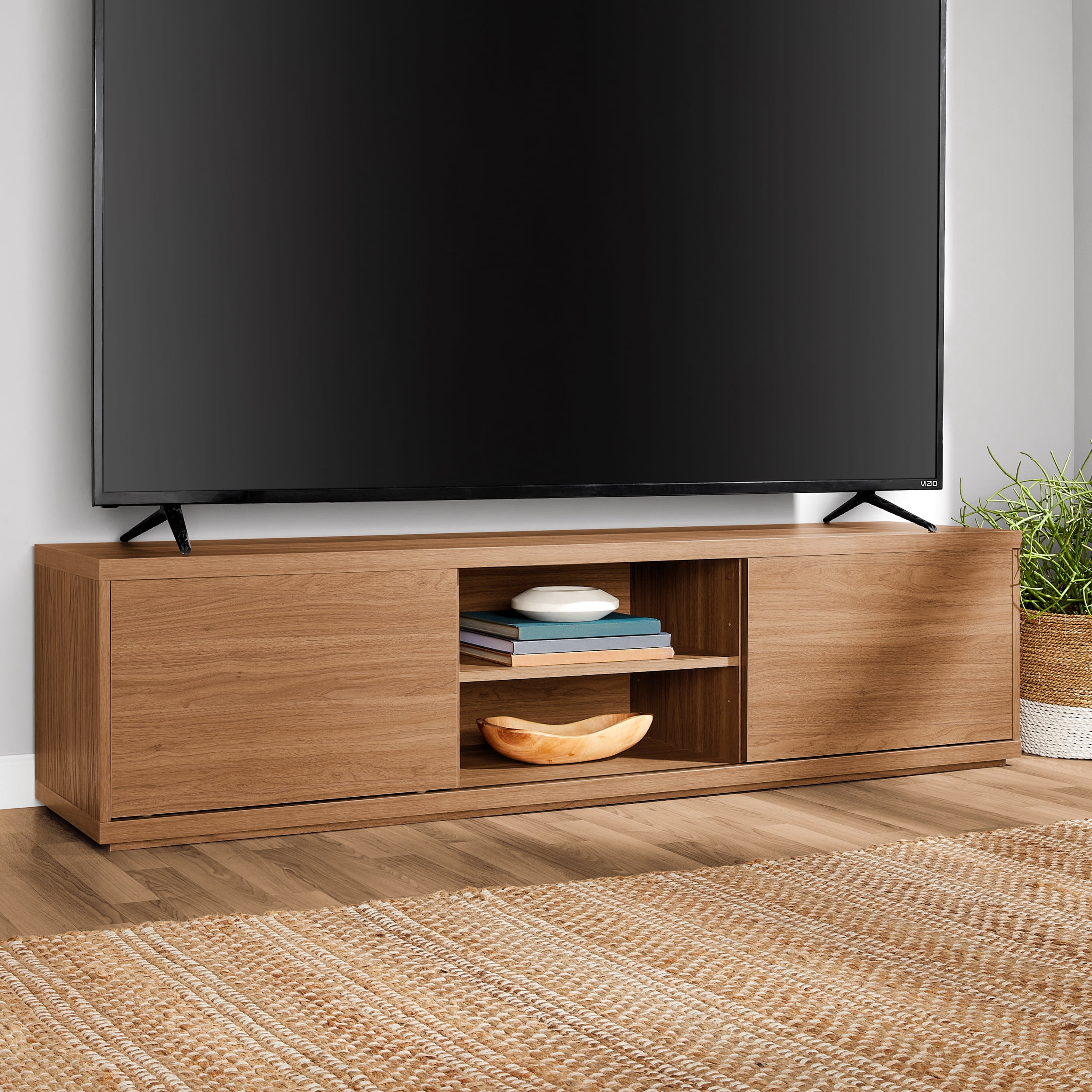 Mainstays Westley Sliding Door TV Stand for TVs up to 75”, Warm Walnut Finish