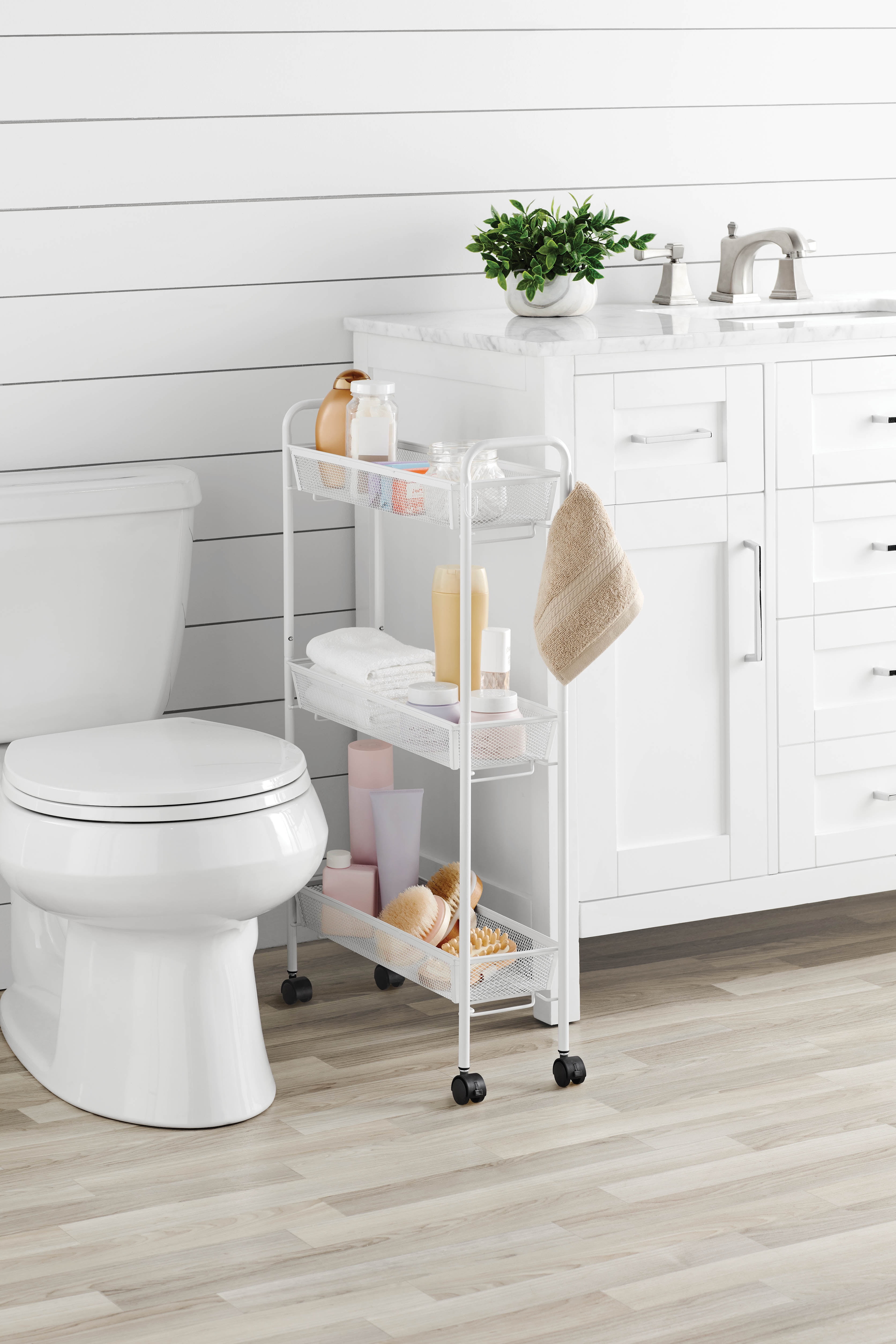 Mainstays 3-Tier Slim Rolling Bathroom Organizer Cart with Hooks