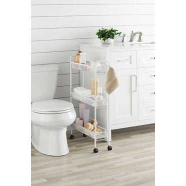 Mainstays Slim 3-Tier Rolling Bathroom Storage Cart with Hooks, White