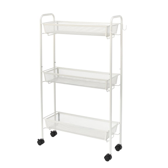 Mainstays Slim 3-Tier Rolling Bathroom Storage Cart with Hooks, White Finish