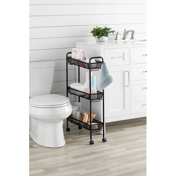 Curated visual reference: Industrial Storage Bathroom Cart Reference: Mainstays Slim 3 Tier Rolling Bathroom Storage Cart With Hooks