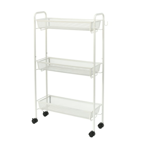Mainstays Slim 3-Tier Rolling Bathroom Storage Cart with Hooks in White Finish