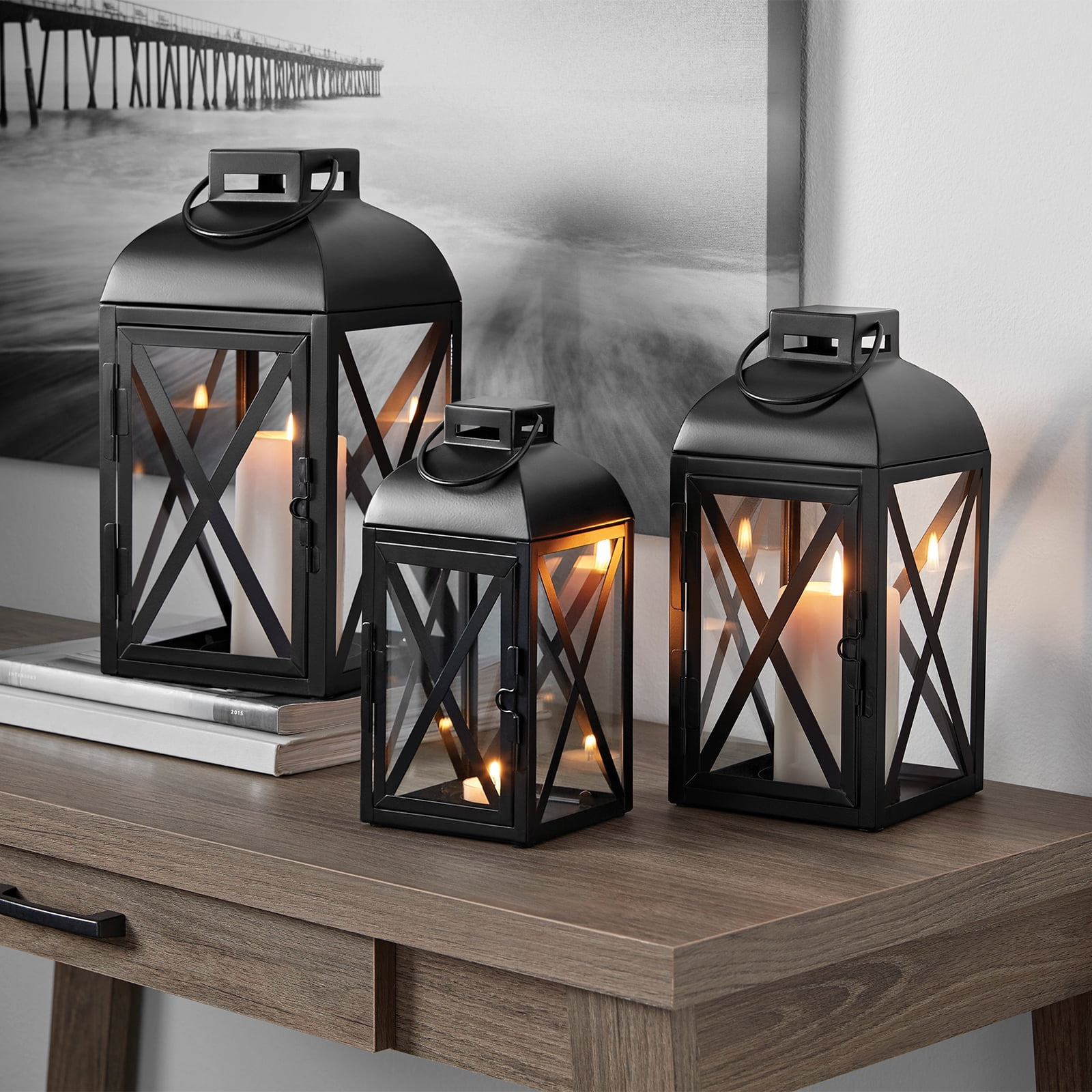 Small Black Metal Hanging Candle Lantern with Glass Panels