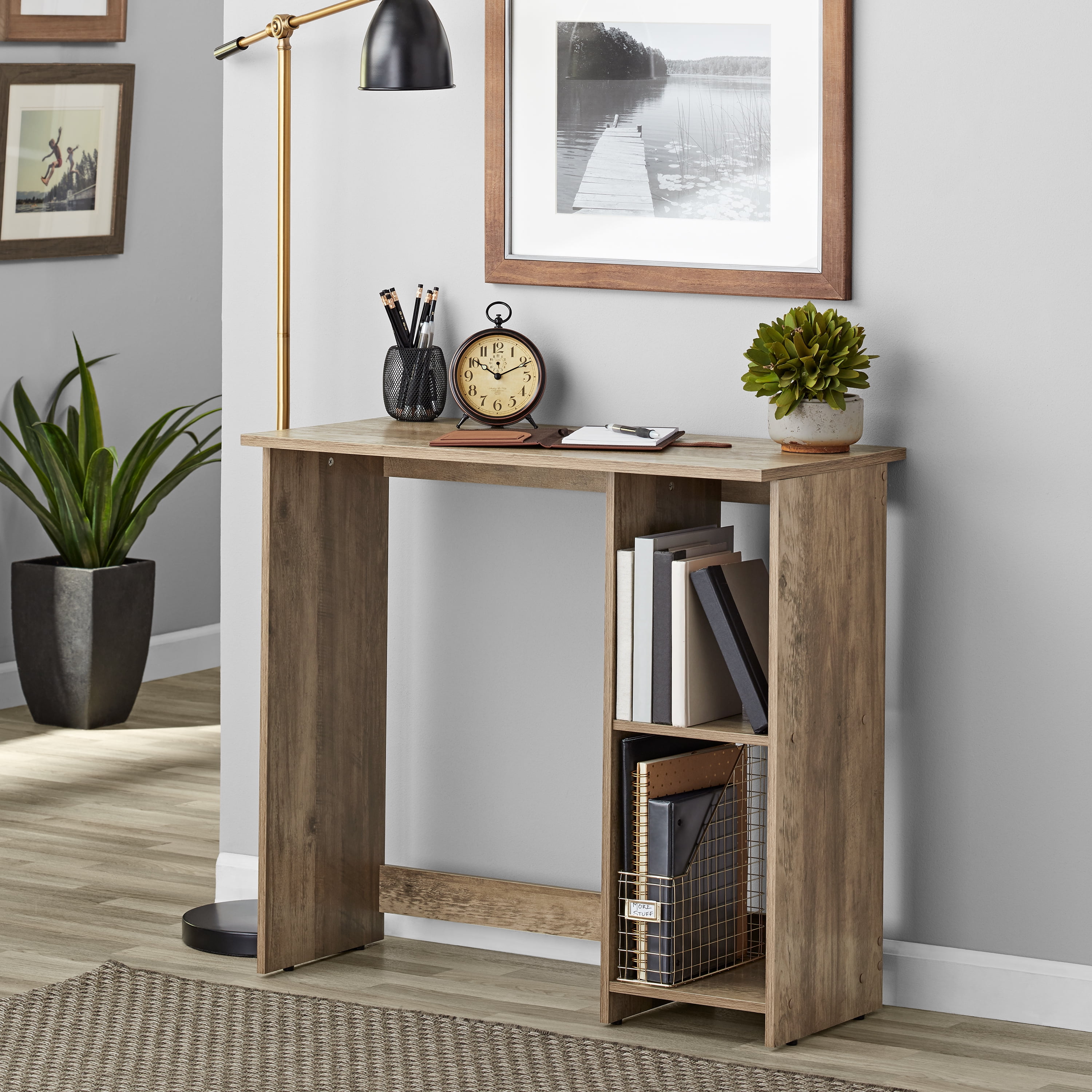 Mainstays Small Space Writing Desk with 2 Shelves, Rustic Pine Finish ...
